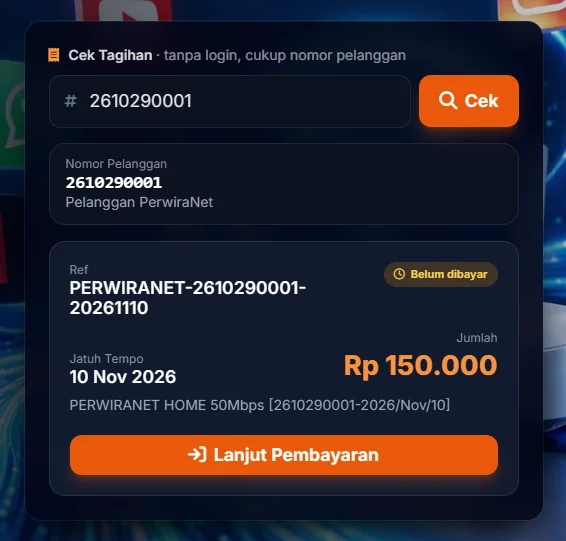 Hasil cek tagihan PerwiraNet untuk akun demo Pelanggan PerwiraNet