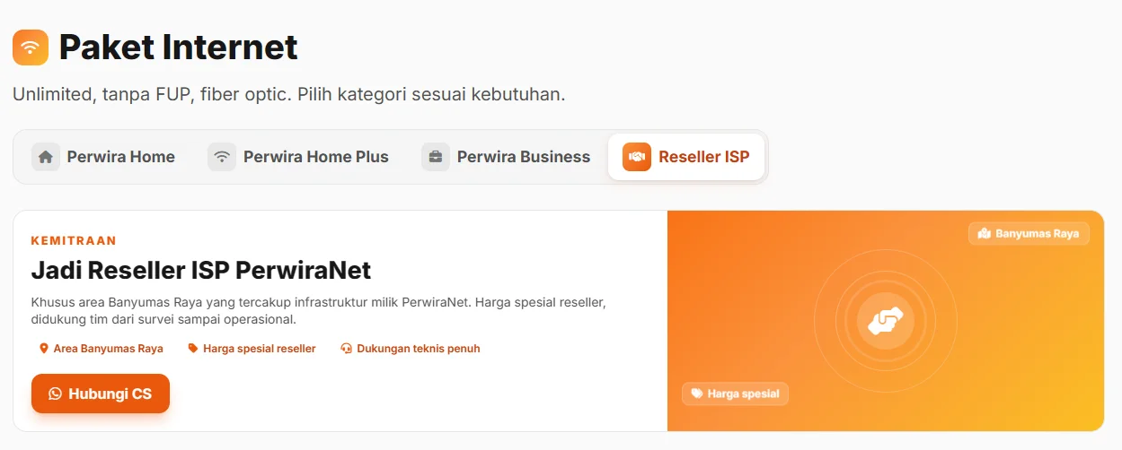 Informasi kemitraan Reseller ISP di halaman depan PerwiraNet
