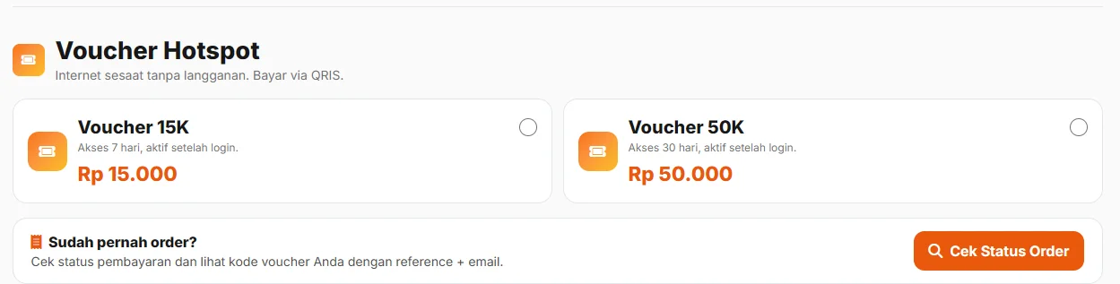 Pilihan voucher hotspot PerwiraNet di halaman depan