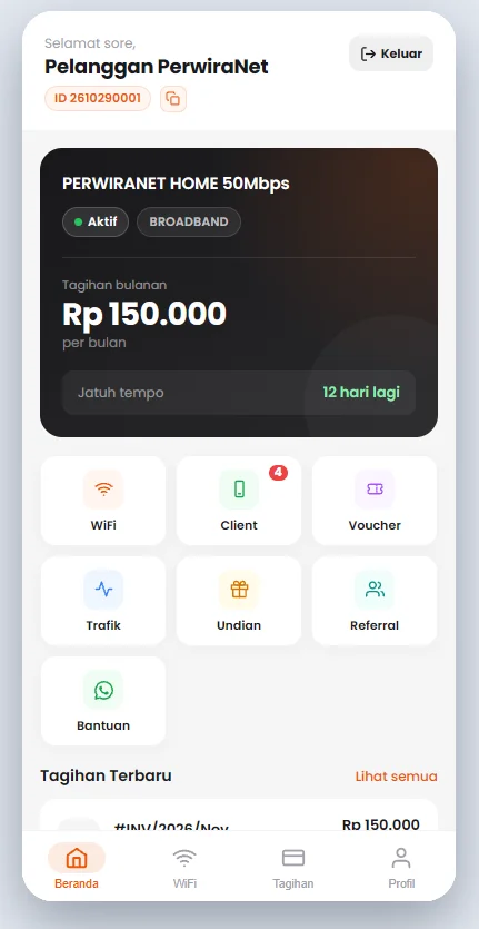 Halaman Beranda aplikasi pelanggan PerwiraNet