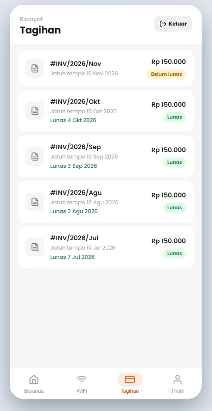 Menu Tagihan di aplikasi pelanggan PerwiraNet berisi riwayat tagihan