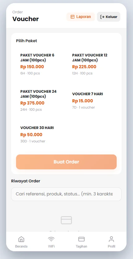 Menu Voucher di aplikasi pelanggan PerwiraNet berisi pilihan paket 100 voucher