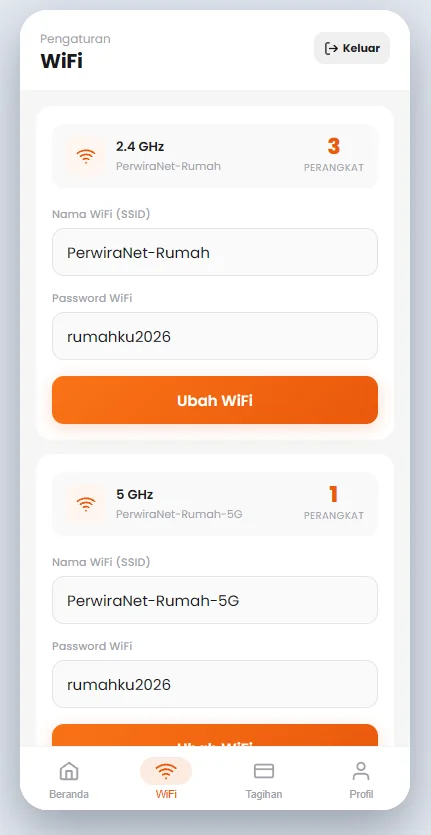 Menu WiFi aplikasi pelanggan PerwiraNet untuk ganti SSID dan password